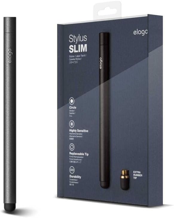 Elago Premium Aluminum Stylus עטים לכל טבליות מסך מגע/טלפונים סלולריים [Slim] [שחור], קצה להחלפה, קצה נוסף הכלול, תואם לאייפון,